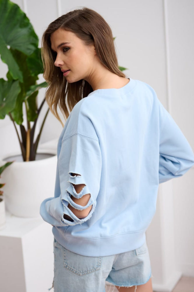 Shredded Blair Crew Neck Sweatshirt - Powder Blue - Crewneck Sweatshirt