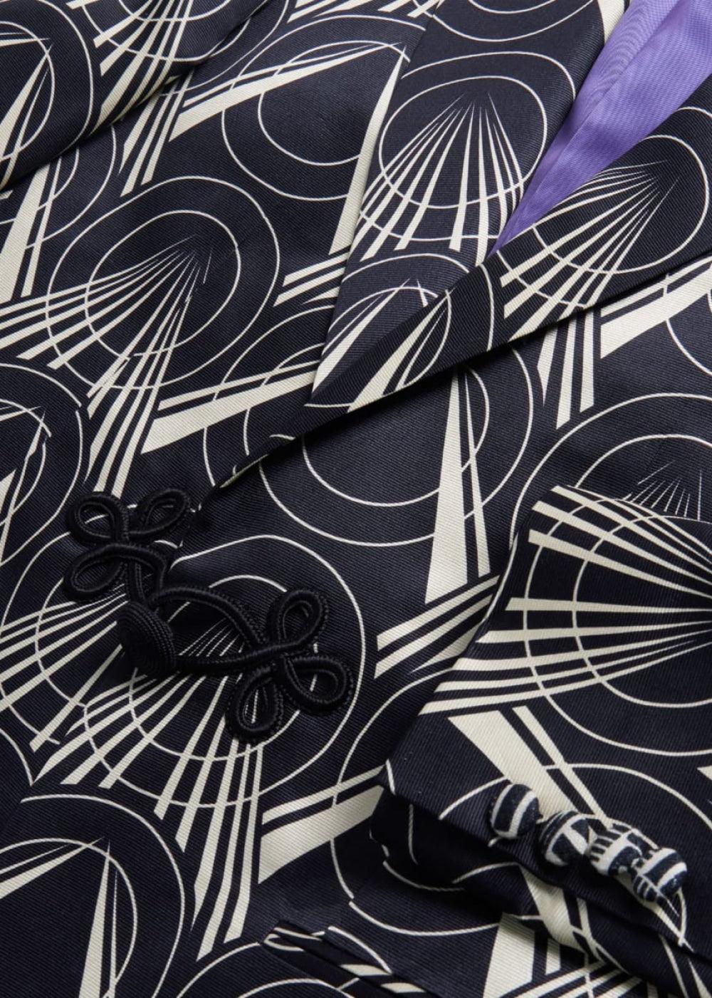 Silk Deco Printed Dinner Jacket - Black/Cream - Blazer