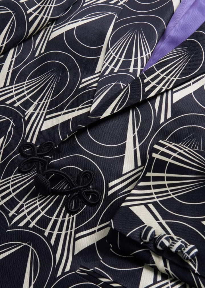Silk Deco Printed Dinner Jacket - Black/Cream - Blazer