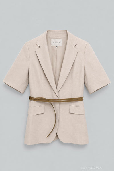 Silk-Linen Short Sleeve Belted Blazer - Pearl - US 6 / S - Blazer