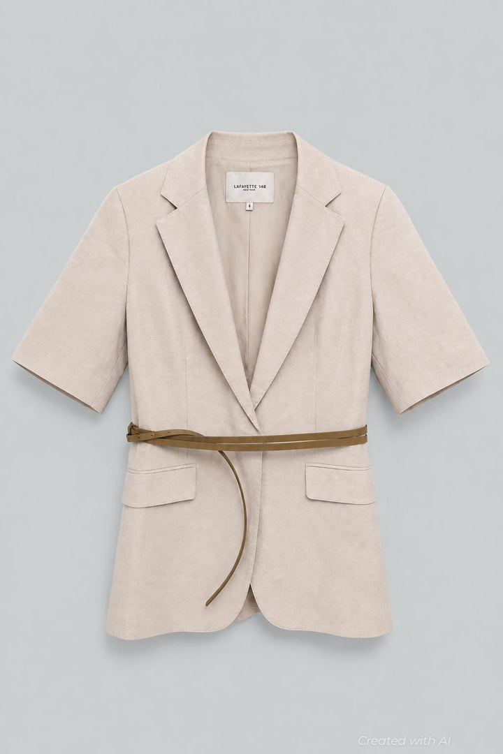 Silk-Linen Short Sleeve Belted Blazer - Pearl - US 6 / S - Blazer
