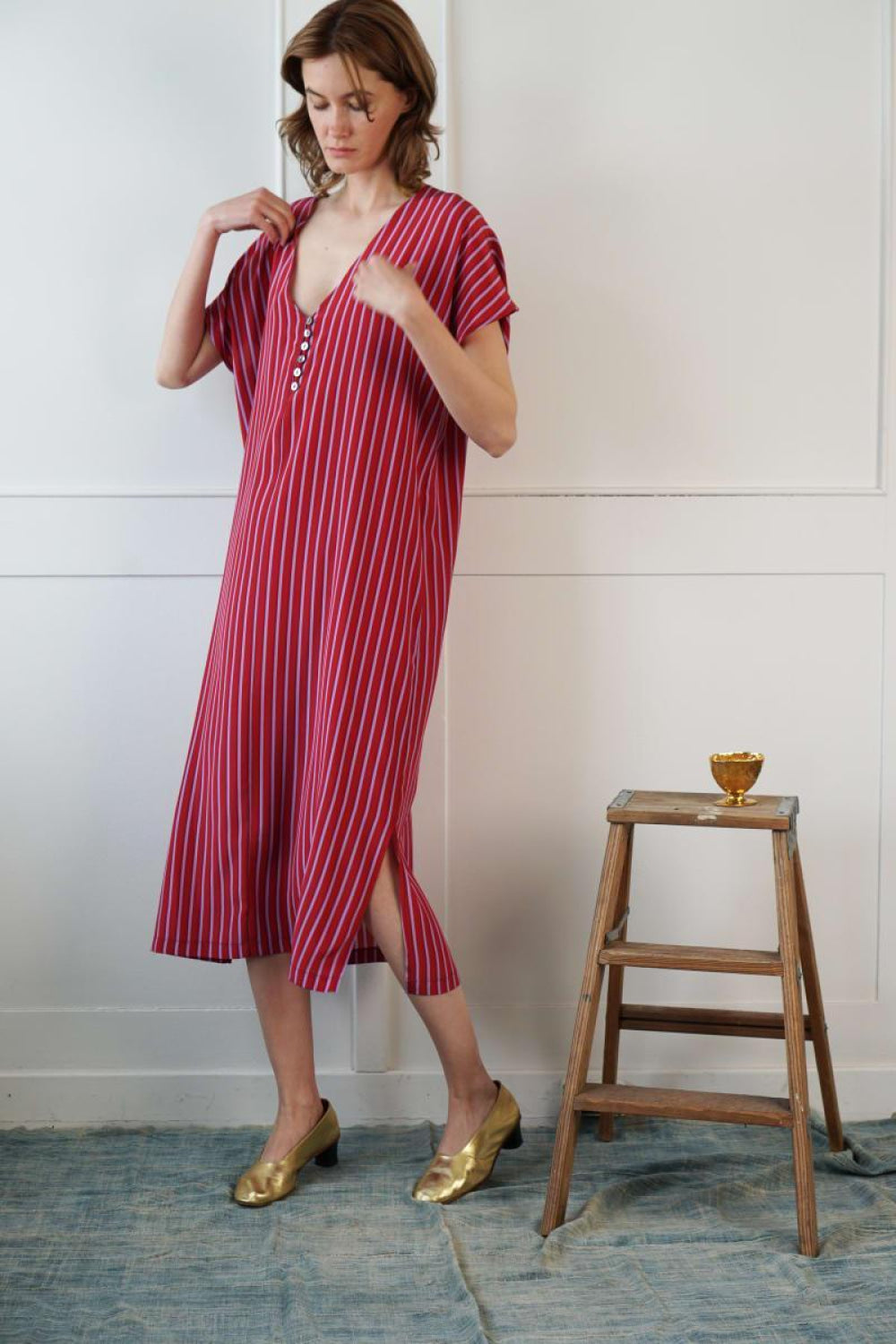 Silk Lounge Kaftan - Red Stripe - Dresses