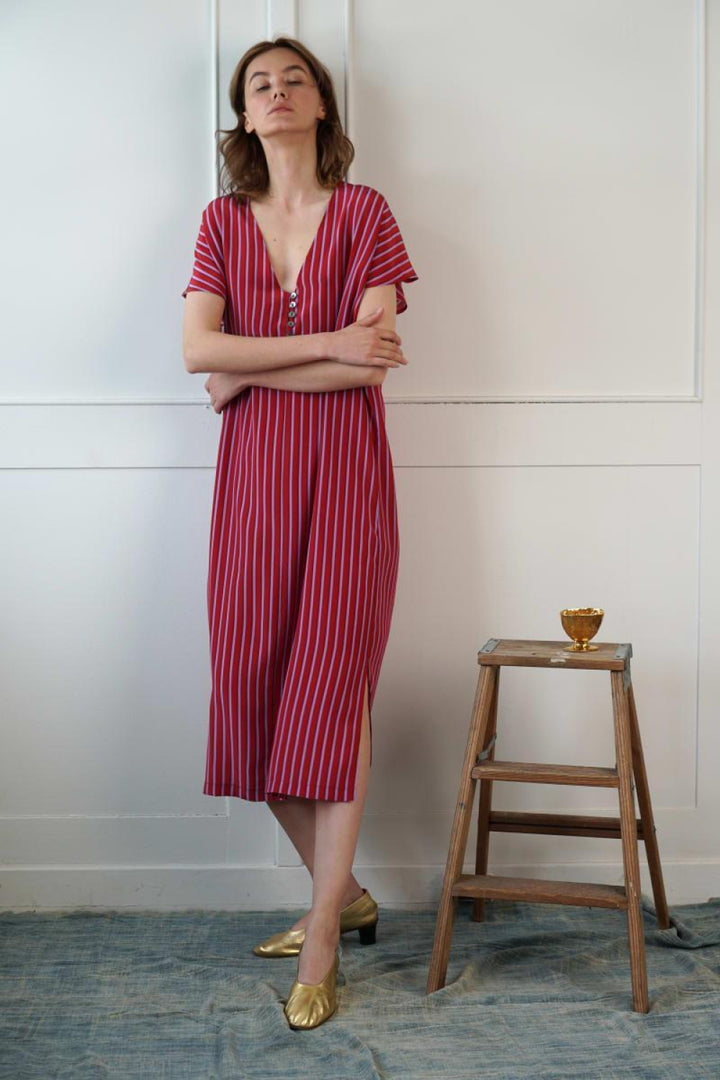 Silk Lounge Kaftan - Red Stripe - Dresses