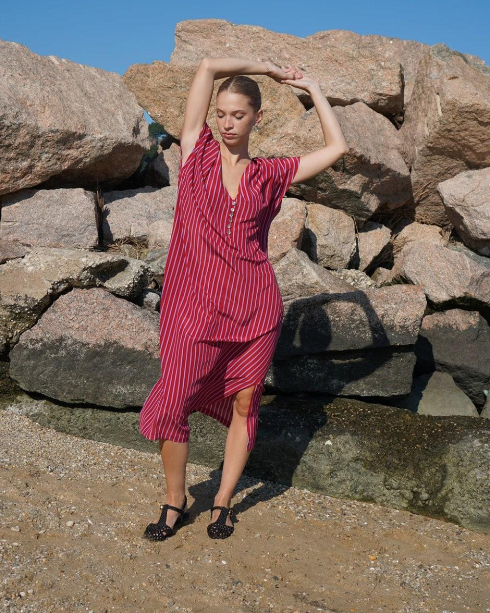 Silk Lounge Kaftan - Red Stripe - Dresses