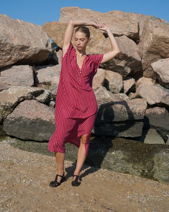 Silk Lounge Kaftan - Red Stripe - Dresses