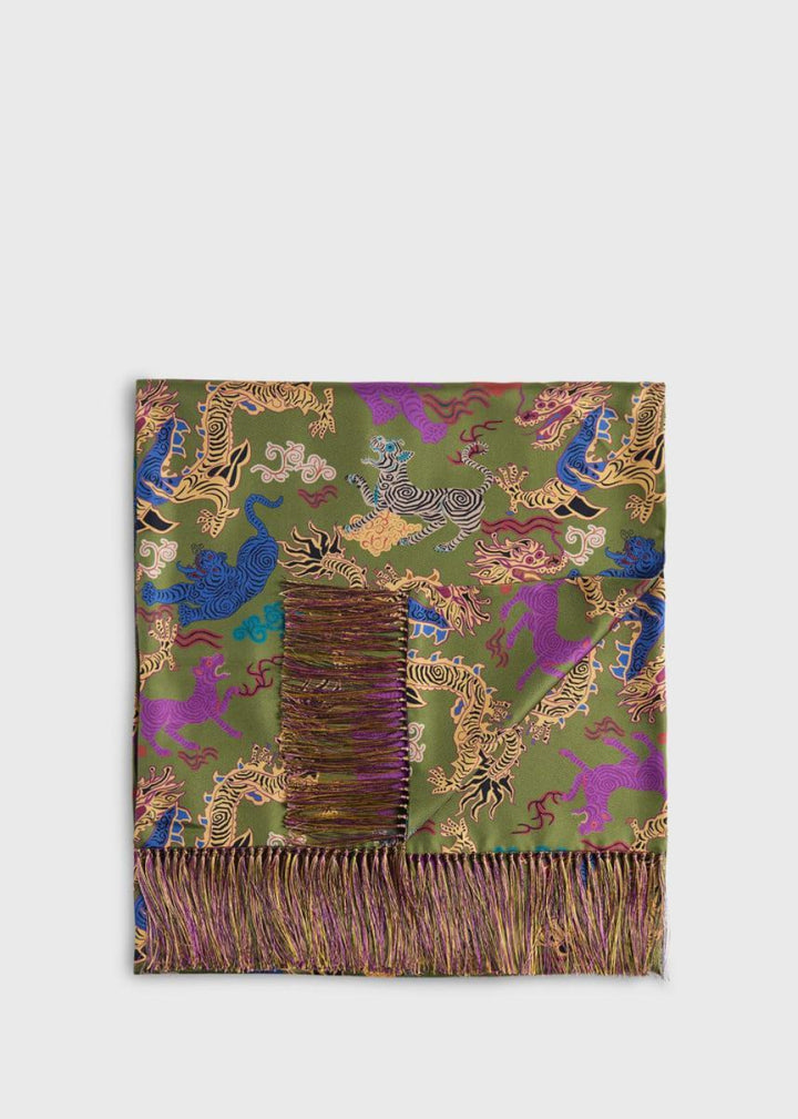 Silk Printed Dragon Scarf - Olive - ONE SIZE - Scarf
