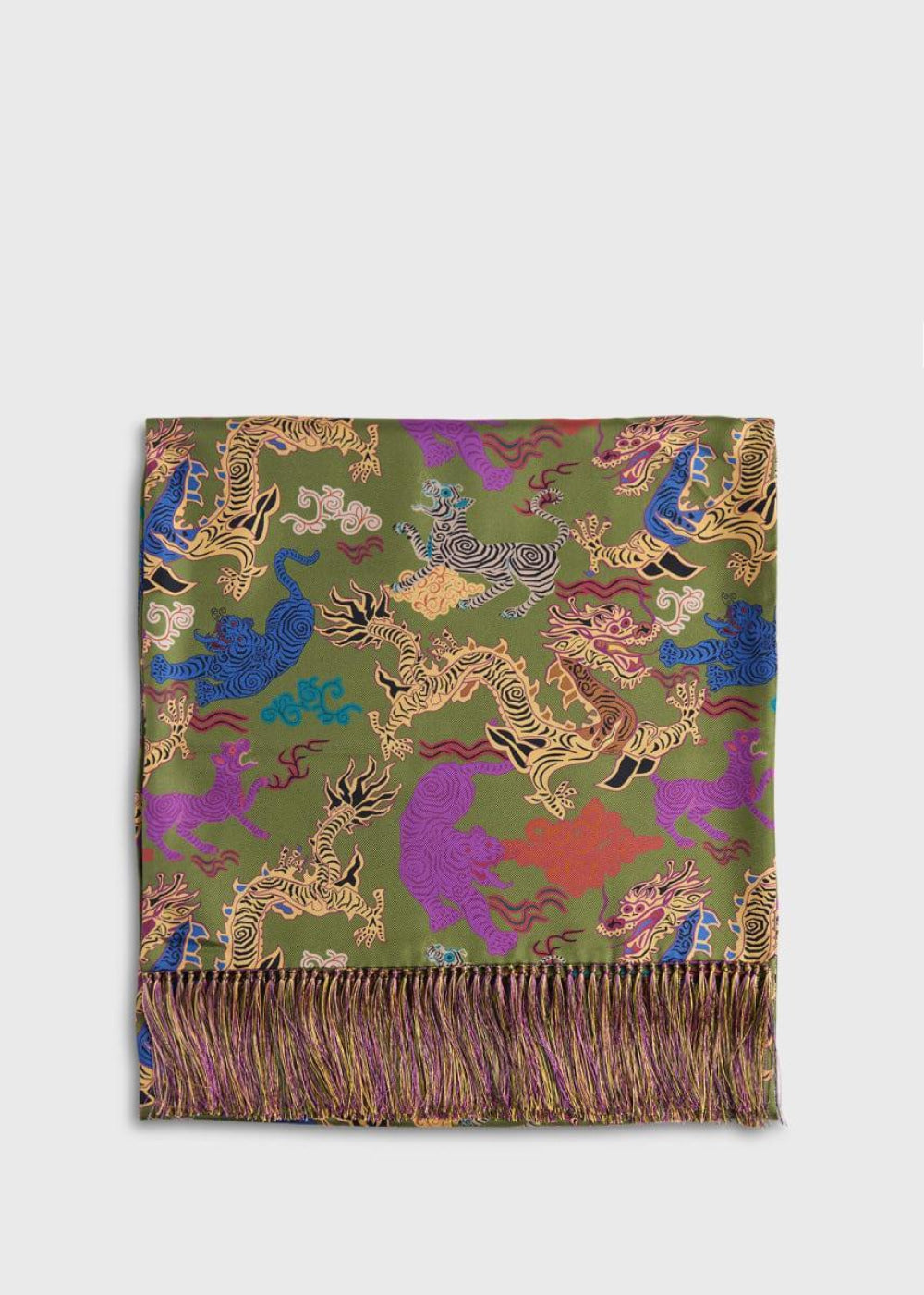 Silk Printed Dragon Scarf - Olive - ONE SIZE - Scarf