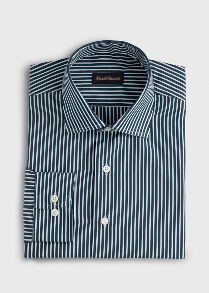 Silky Cotton Stripe Sport Shirt - Hunter Green - Collared Shirt
