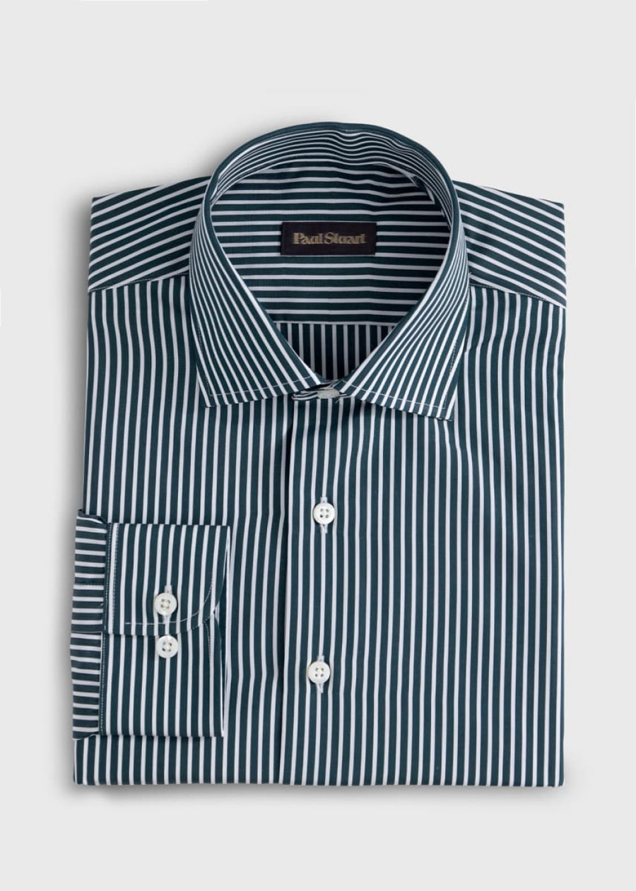 Silky Cotton Stripe Sport Shirt - Hunter Green - Collared Shirt