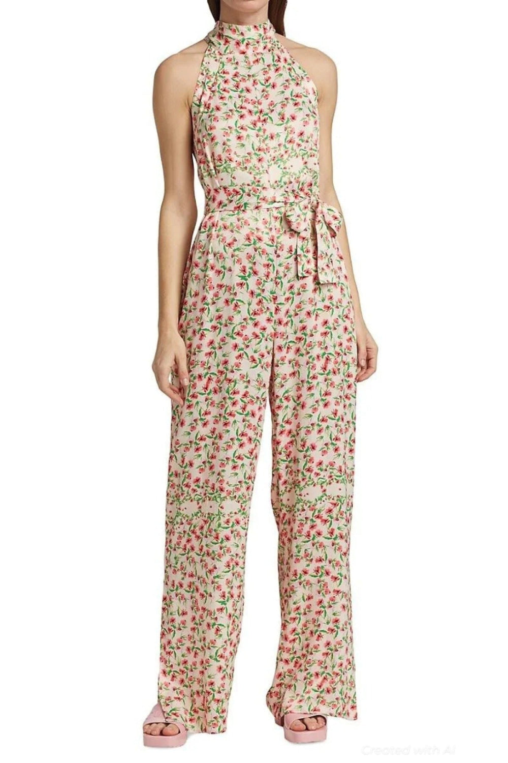 Silky Floral Halter Jumpsuit - Cream Multi - Jumpsuit