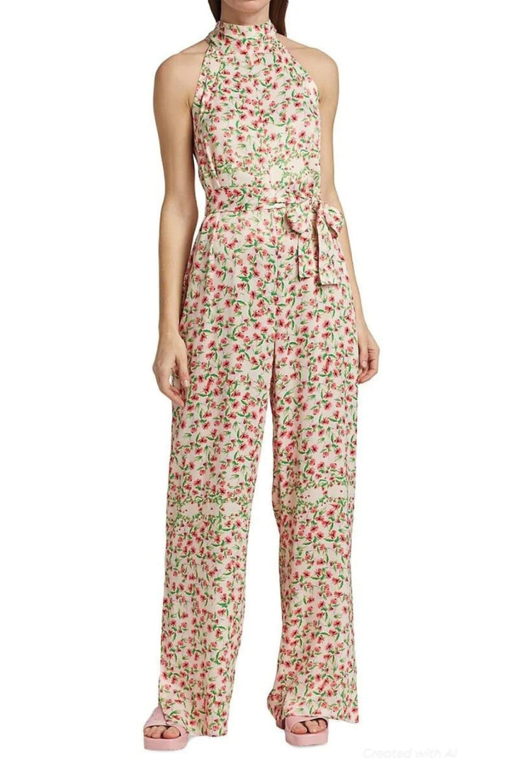 Silky Floral Halter Jumpsuit - Cream Multi - Jumpsuit