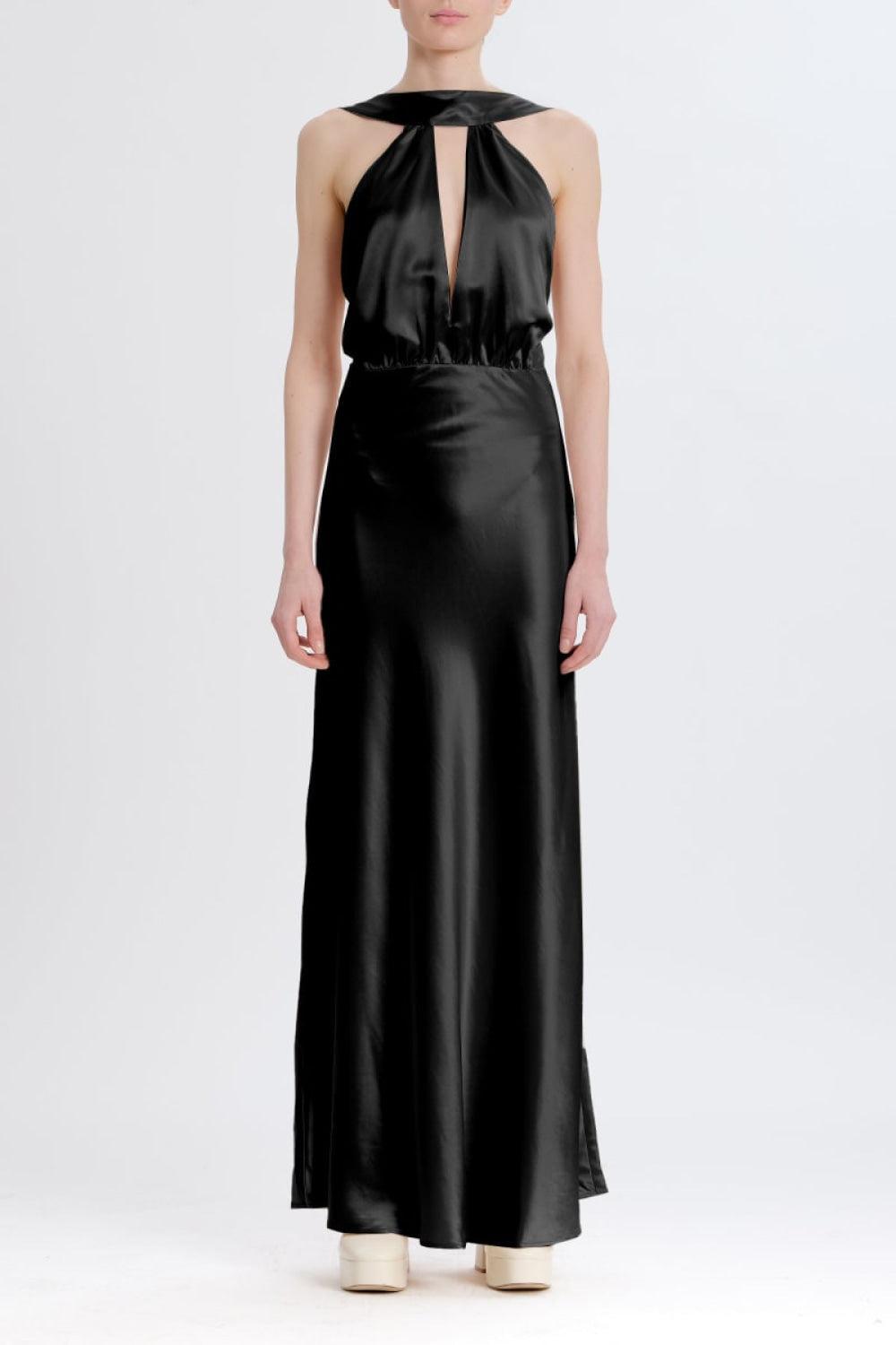 Silky Halter Cutout Gown - Black - Dresses