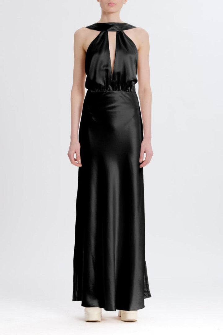Silky Halter Cutout Gown - Black - Dresses