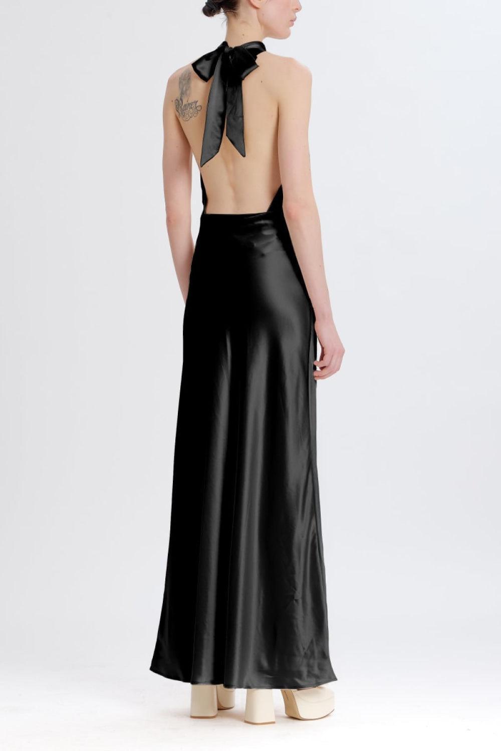Silky Halter Cutout Gown - Black - Dresses