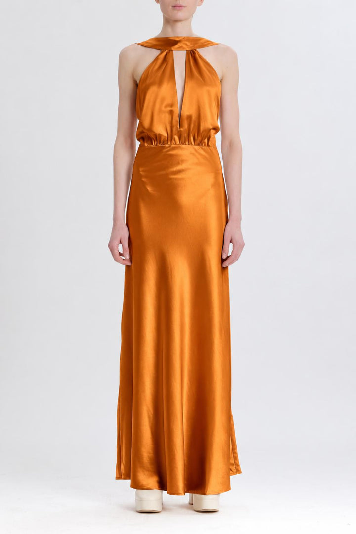 Silky Halter Cutout Gown - Burnt Orange - Dresses