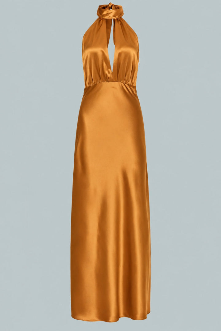 Silky Halter Cutout Gown - Burnt Orange - Dresses
