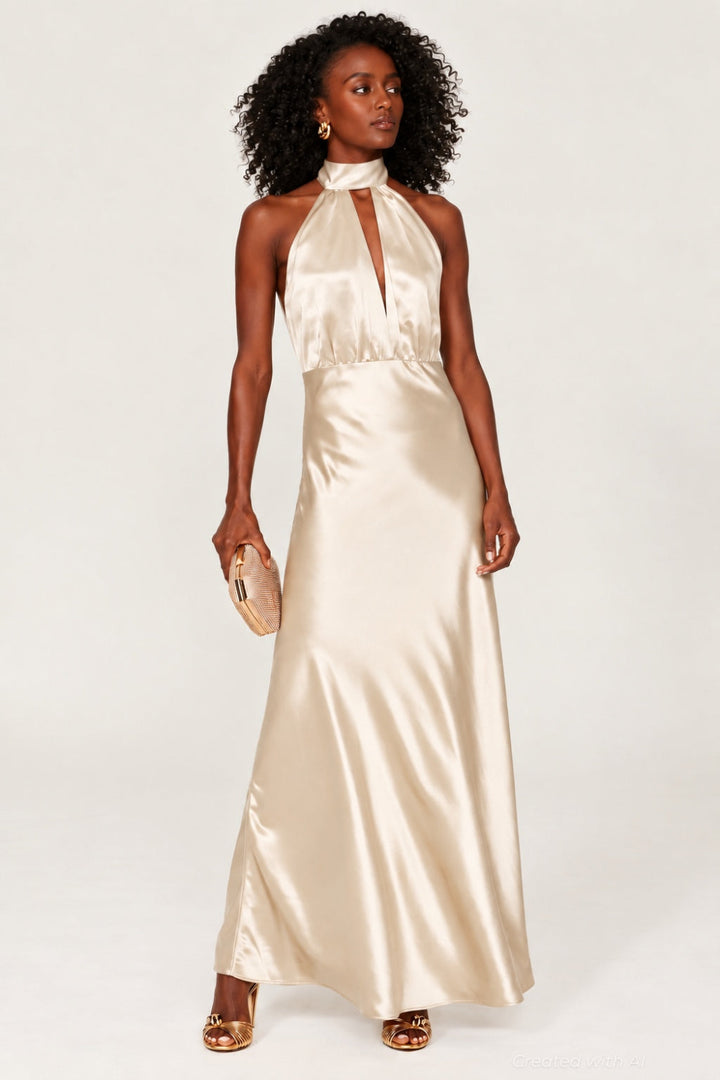 Silky Halter Cutout Gown - Champagne - Gown