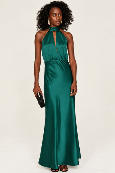 Silky Halter Cutout Gown - Emerald - Dresses