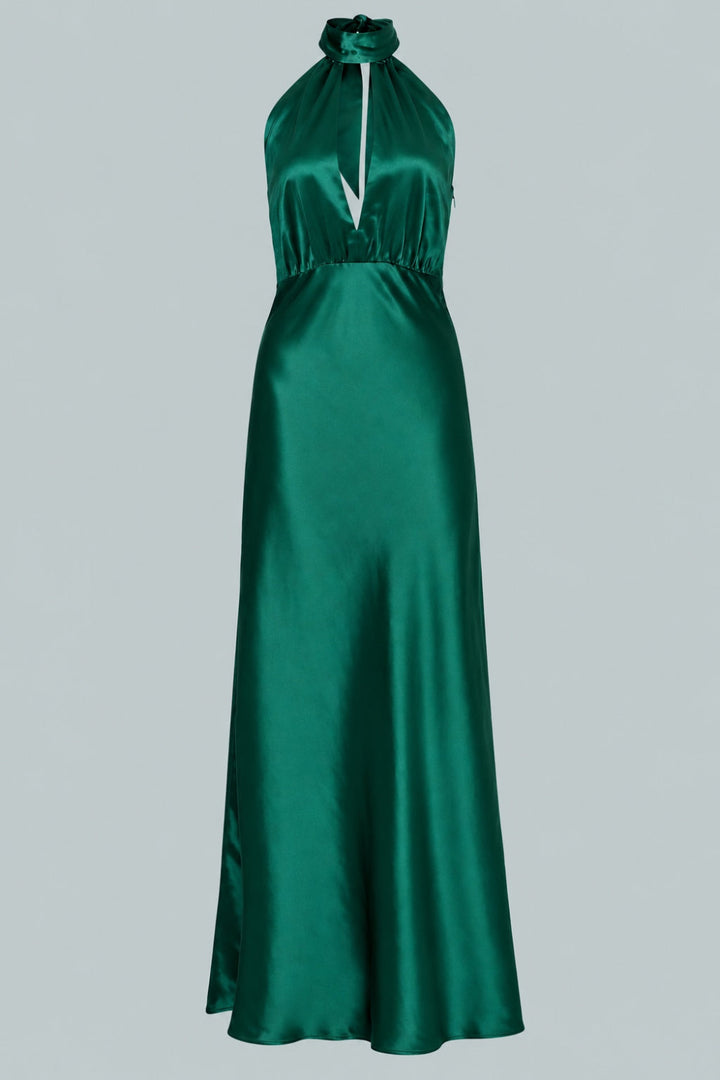 Silky Halter Cutout Gown - Emerald - Dresses