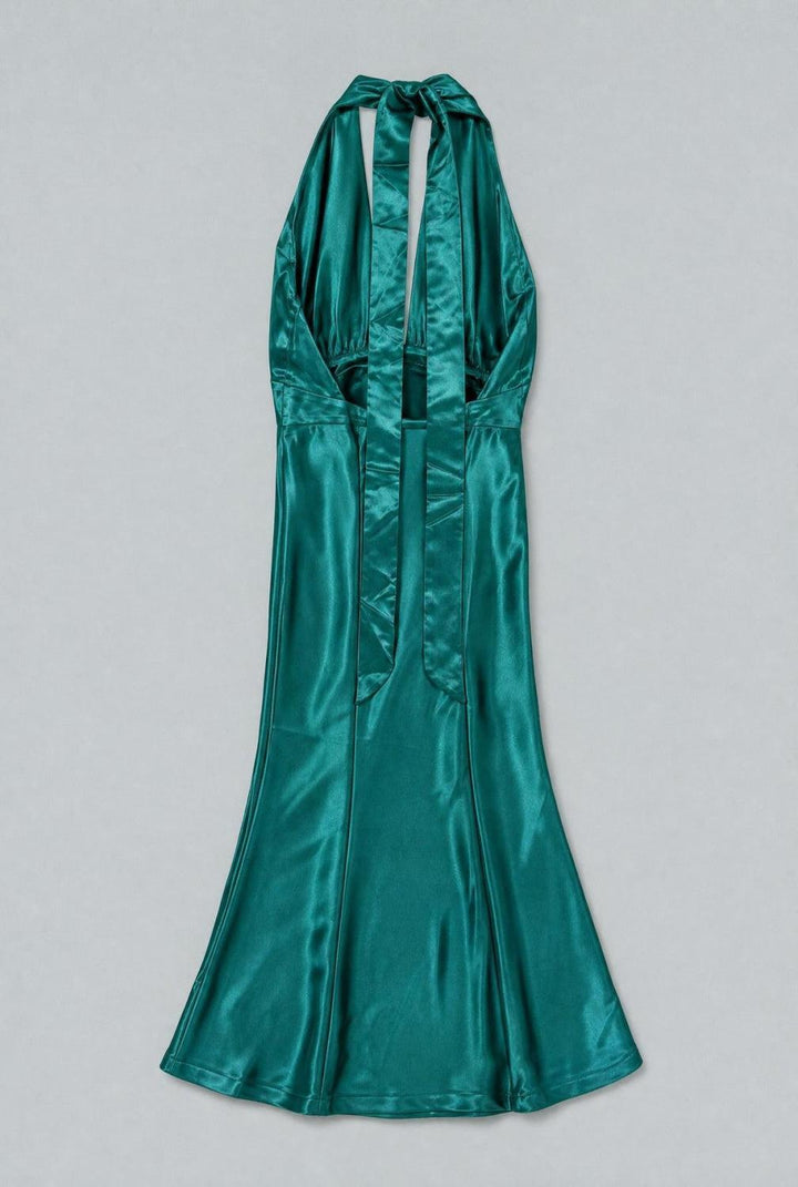 Silky Halter Cutout Gown - Emerald - Dresses
