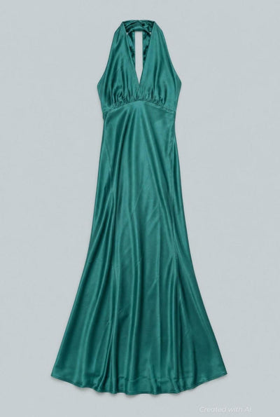 Silky Halter Cutout Gown - Emerald - Dresses