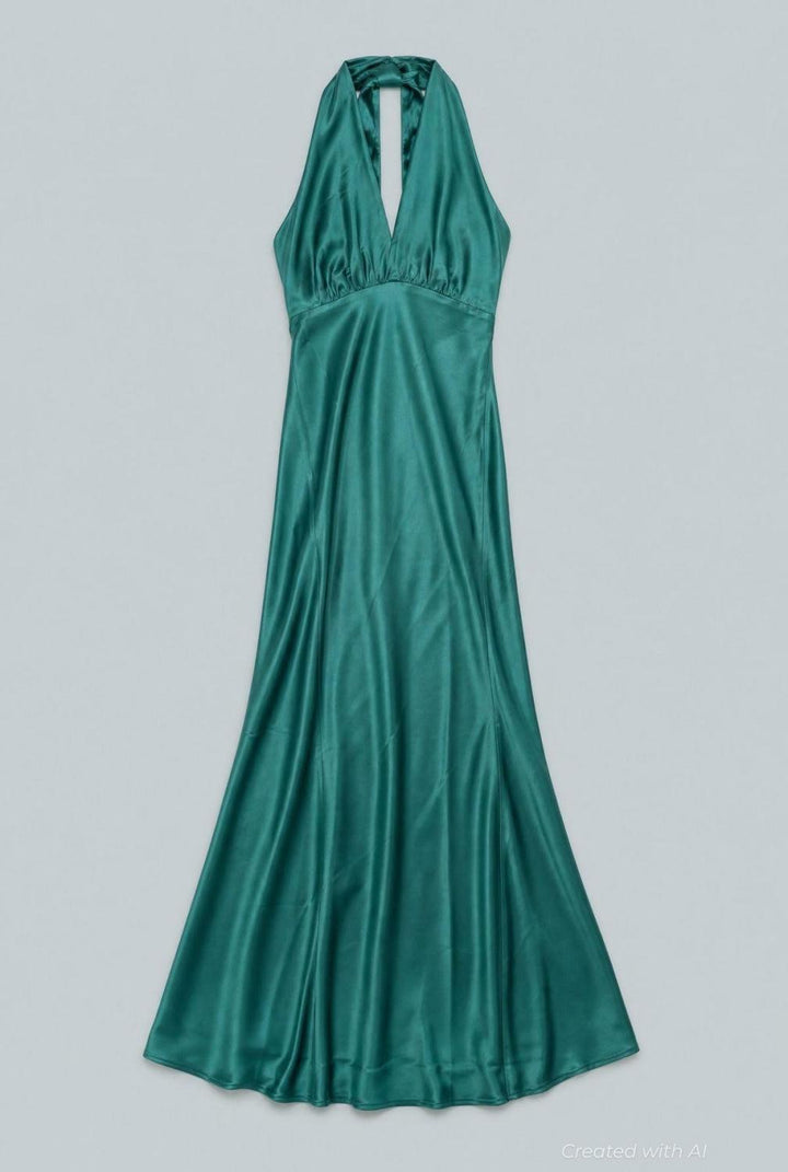 Silky Halter Cutout Gown - Emerald - Dresses