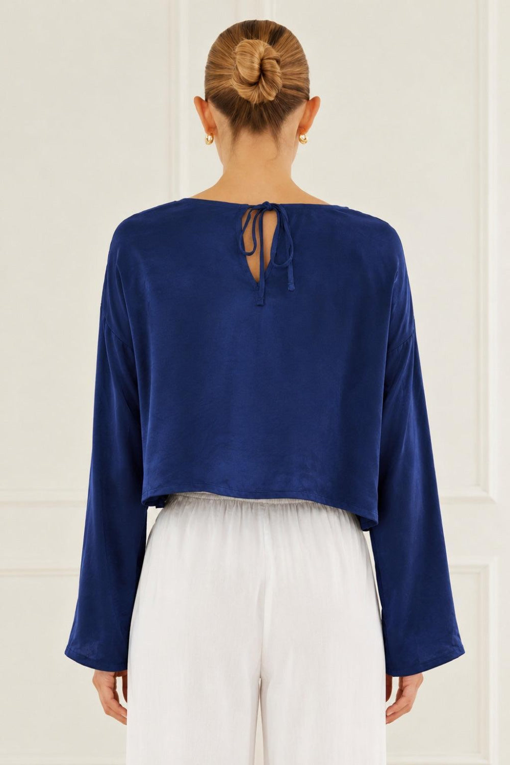 Silky Long Sleeve Cropped Top - Navy - Shirt