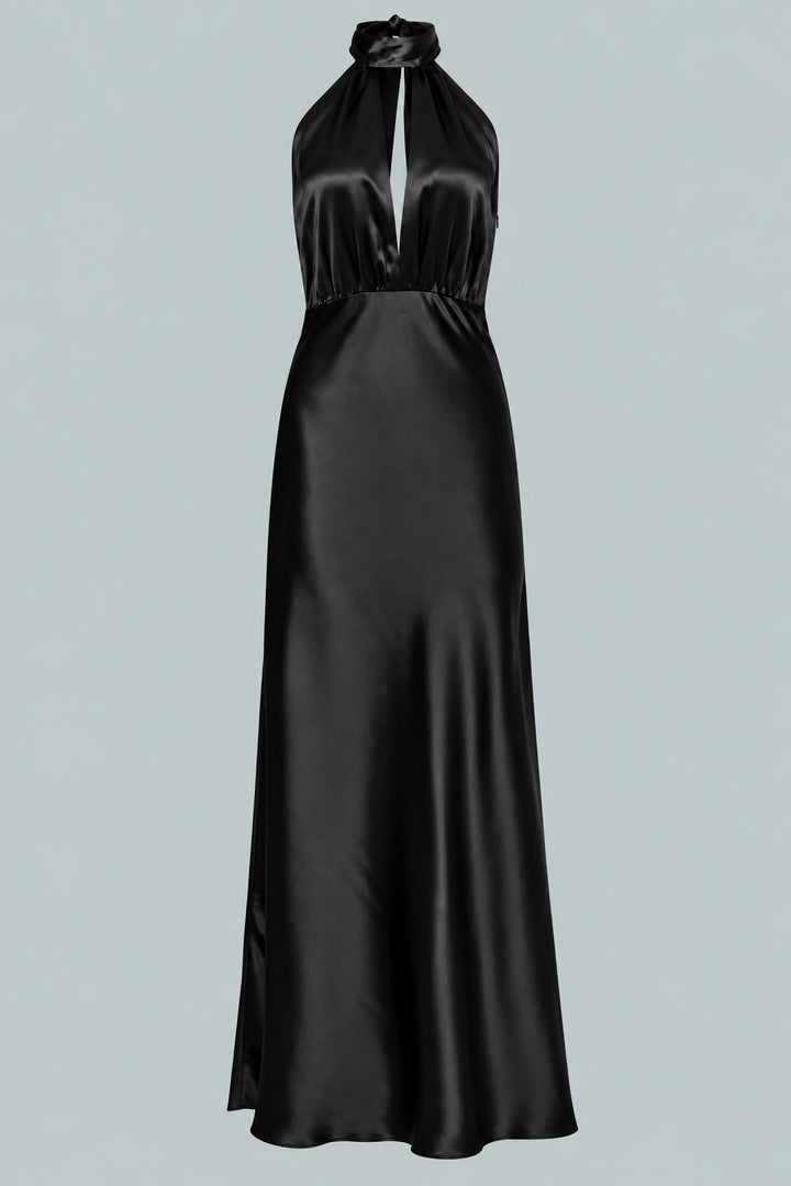Silky Halter Cutout Gown - Black