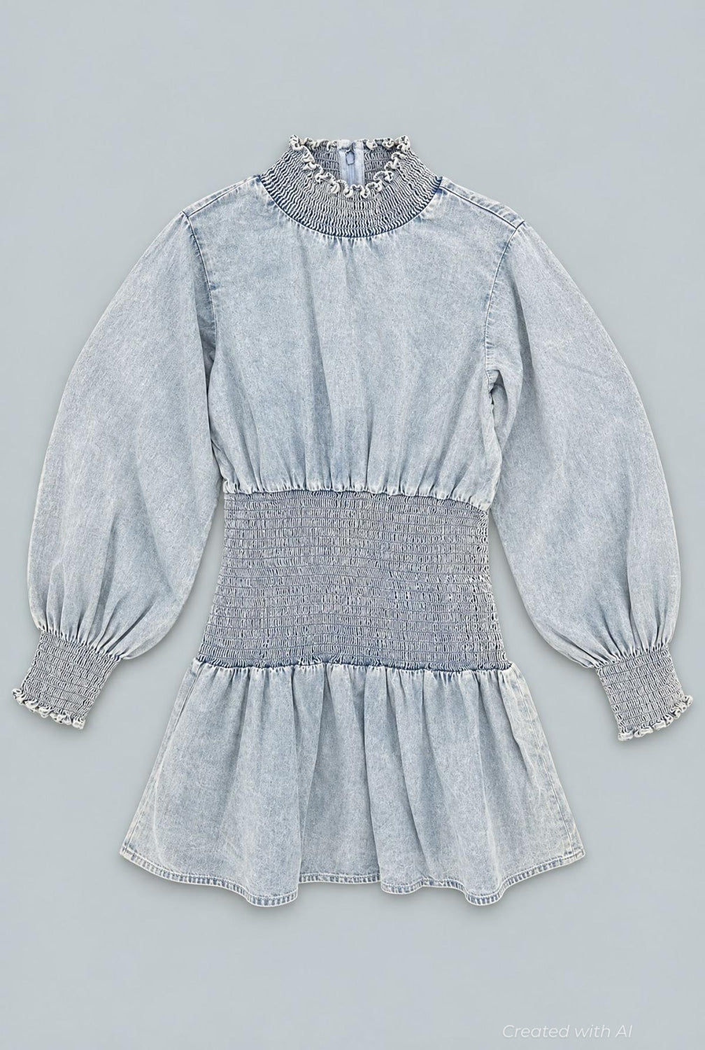 Smocked Denim Mini Dress - Light Blue - M - Denim Dress