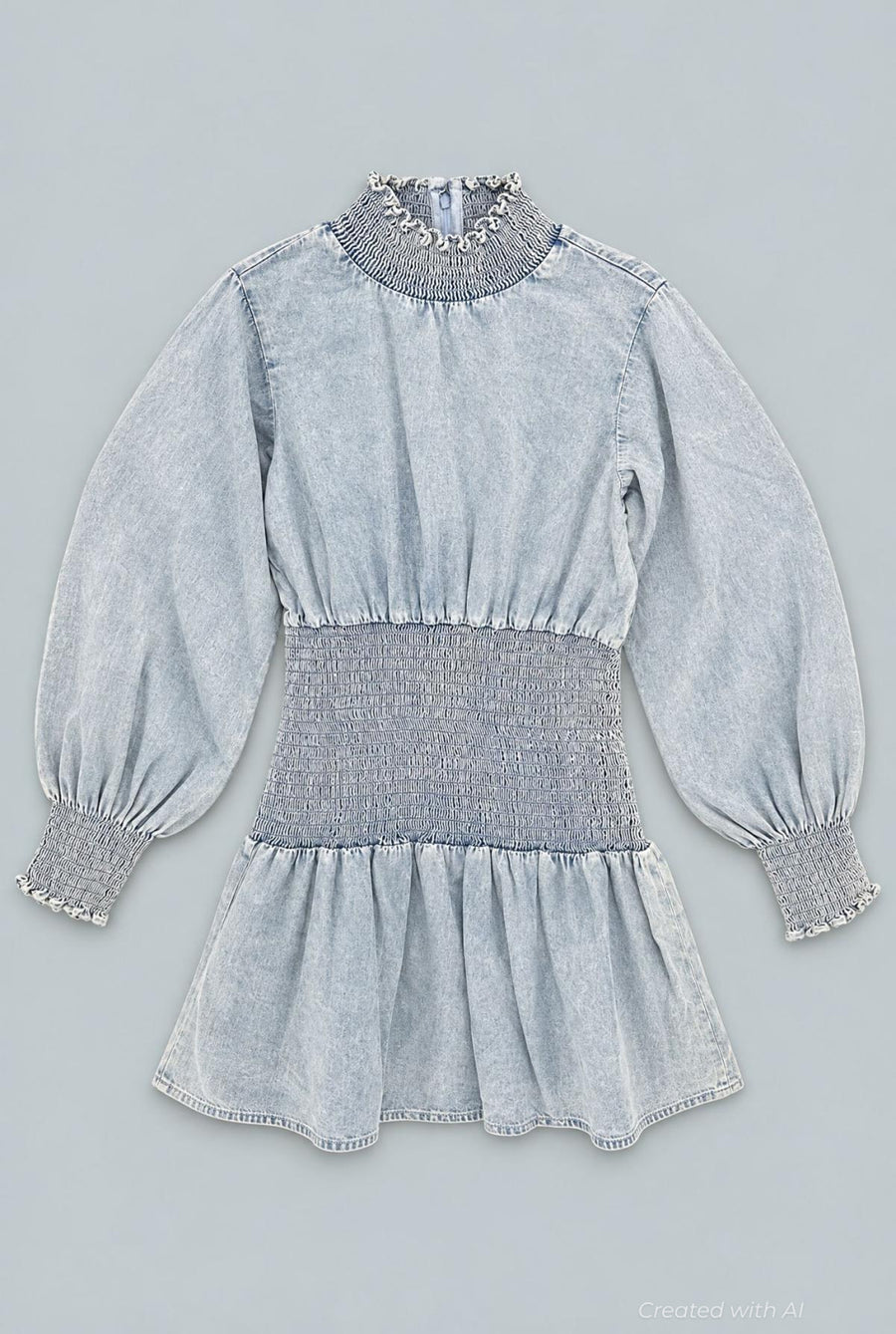Smocked Denim Mini Dress - Light Blue - M - Denim Dress