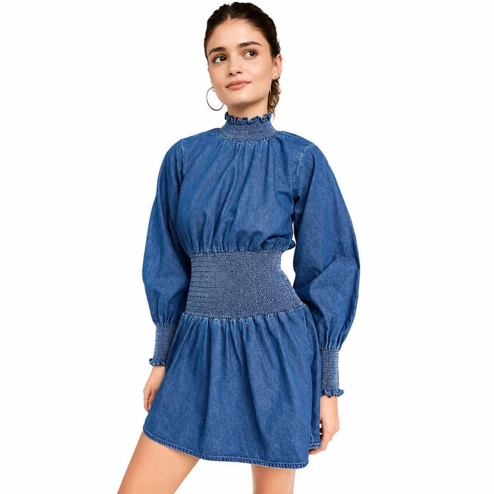 Smocked Denim Mini Dress - Medium Blue - Denim Dress