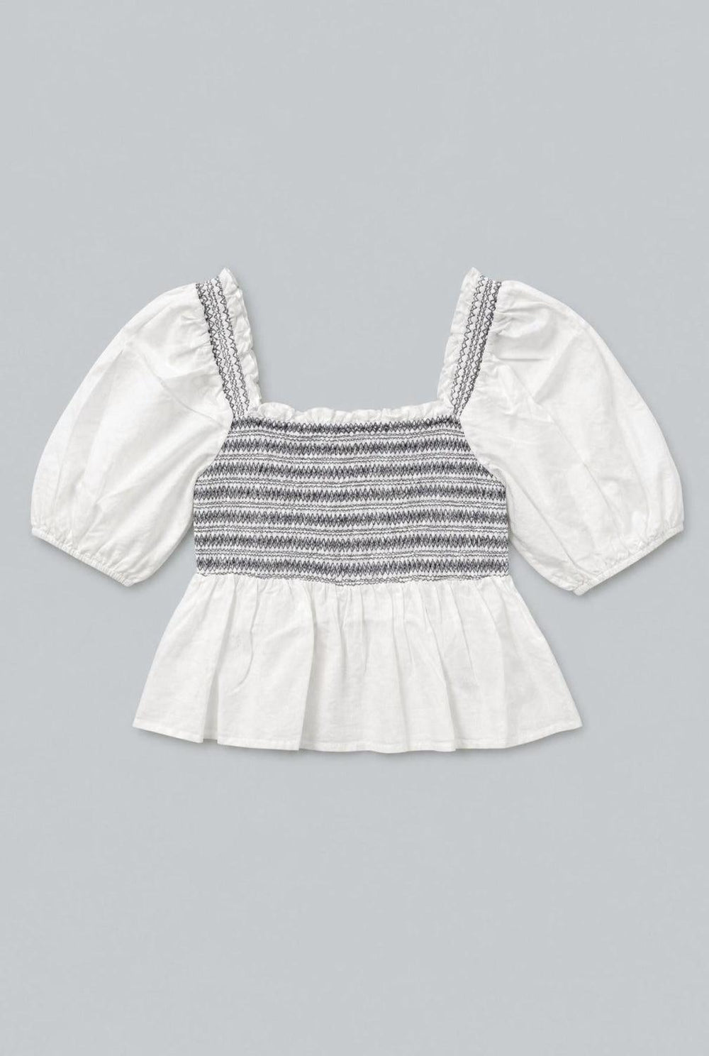Smocked Puff Shoulder Top - White - Blouse