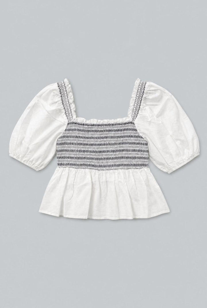 Smocked Puff Shoulder Top - White - Blouse