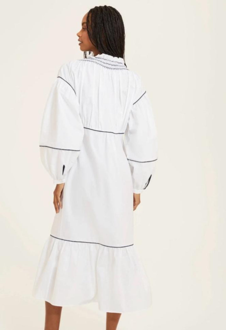 Smocked Puff Sleeve Midi Dress - White - Dresses