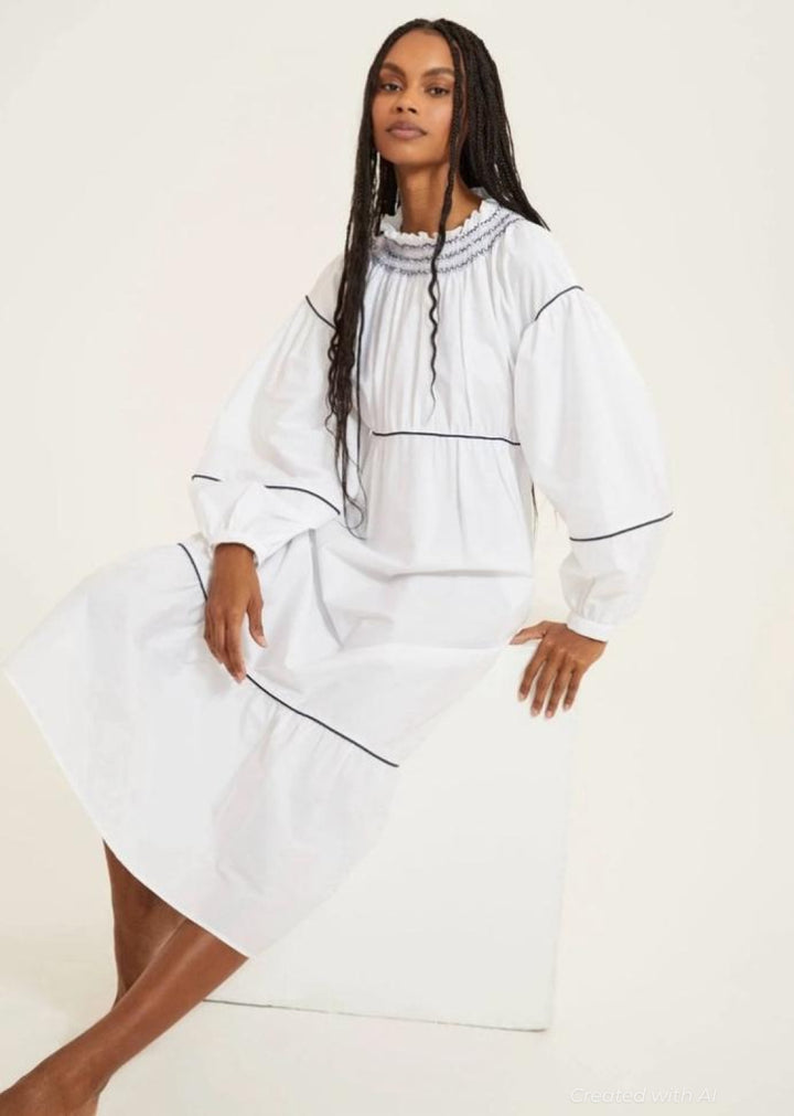 Smocked Puff Sleeve Midi Dress - White - Dresses