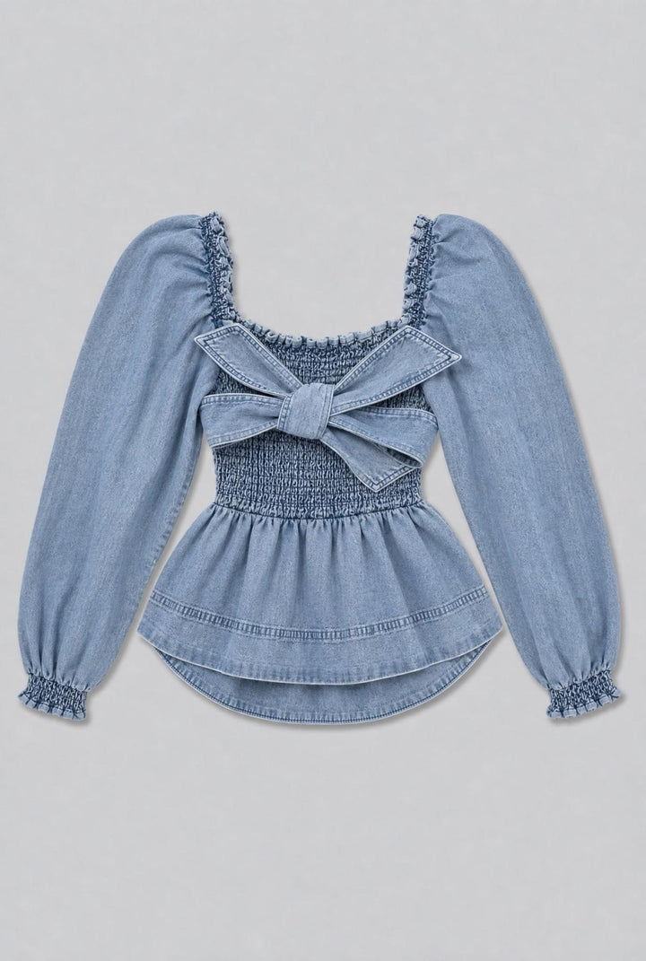 Smocked Puff Sleeve Top - Medium Blue - Shirt