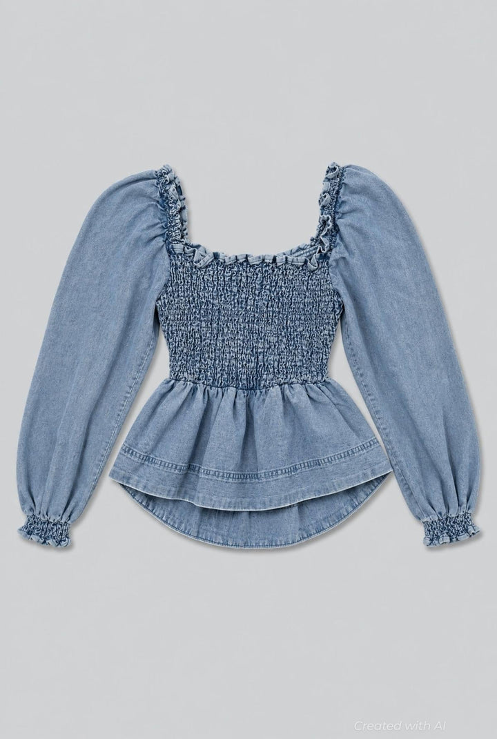 Smocked Puff Sleeve Top - Medium Blue - Shirt