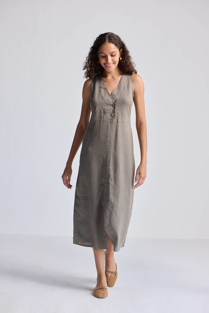 Straight Dress With Front Slit In Hemp - Dark Green