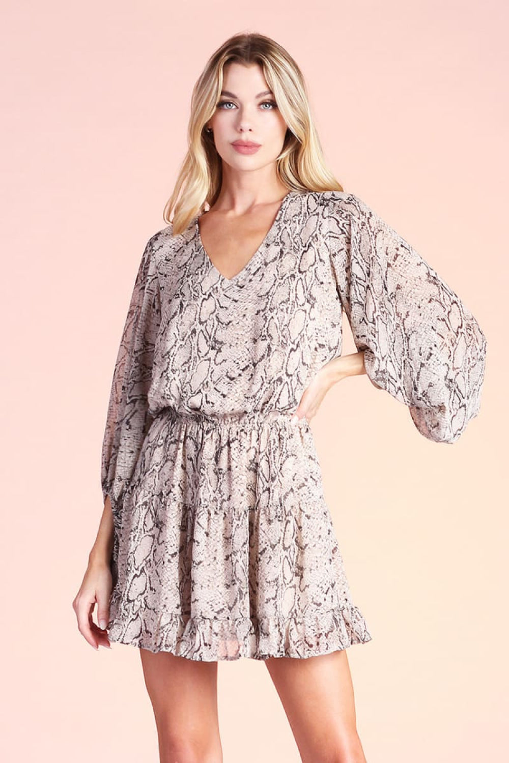 Soft Snake Chiffon Balloon Sleeve Dress - Grey - Dresses