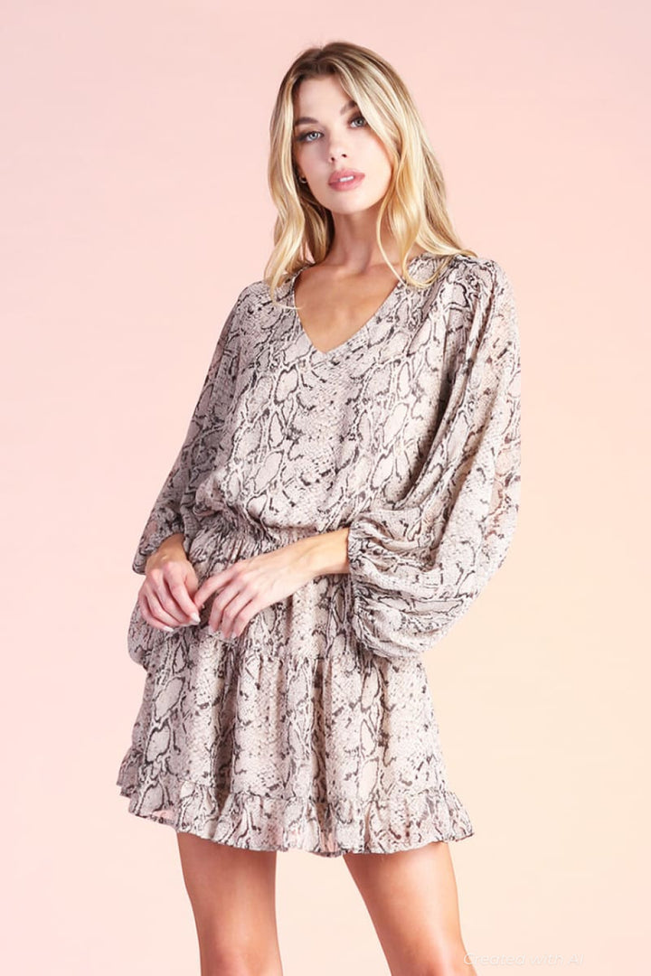 Soft Snake Chiffon Balloon Sleeve Dress - Grey - Dresses