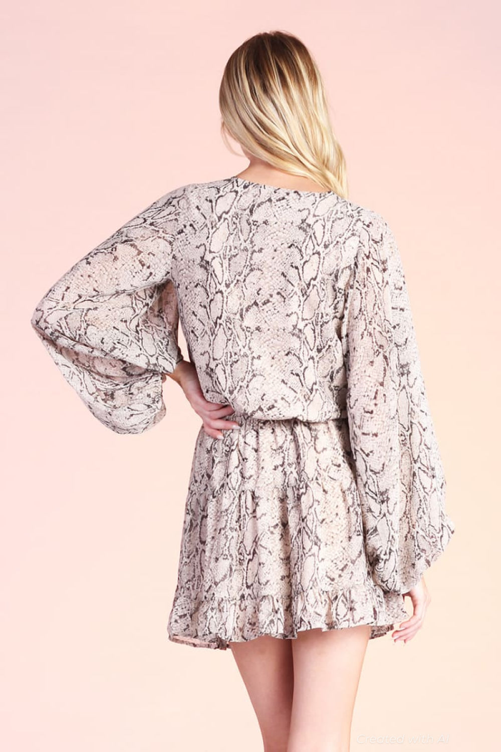 Soft Snake Chiffon Balloon Sleeve Dress - Grey - Dresses