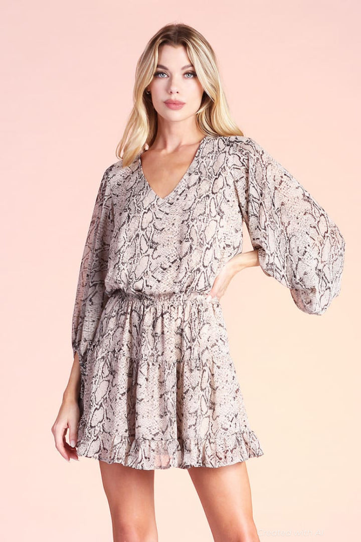 Soft Snake Chiffon Balloon Sleeve Dress - Grey - Dresses
