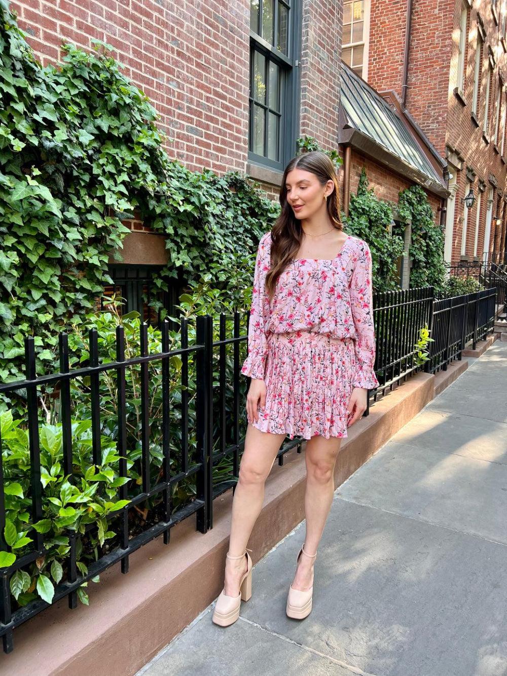 Stephanie Pleated Skirt - Pink Florals - Dresses