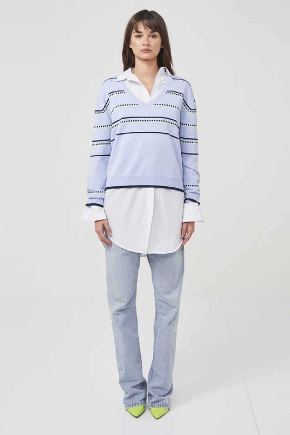 Stitch Detail Stripe V - Frost Blue - Sweater
