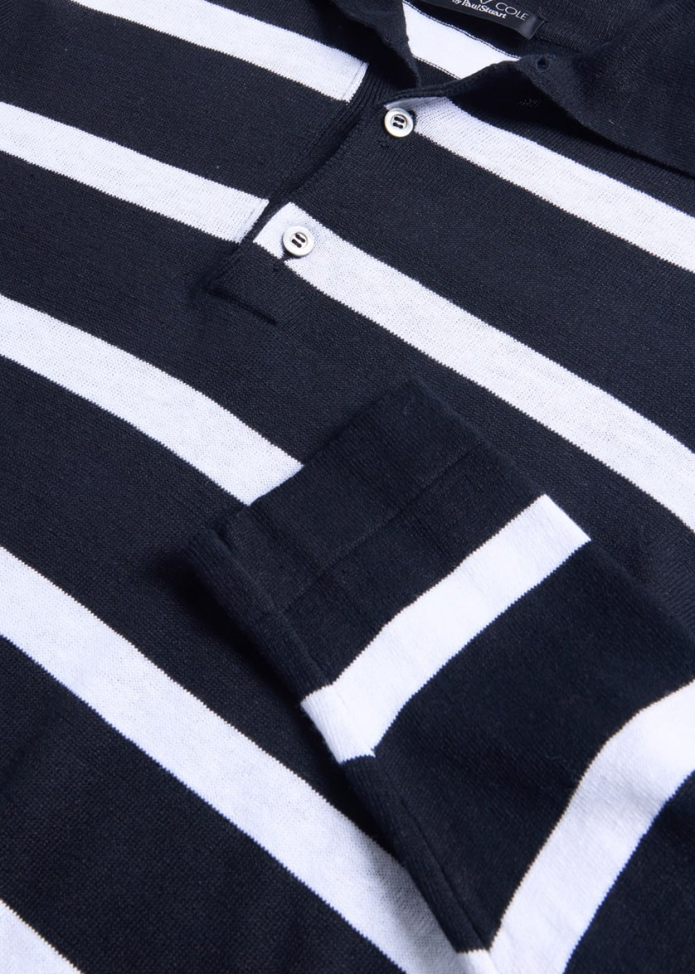 Stripe Linen & Cotton Long Sleeve Polo - Black/White - XL (44) - Polo