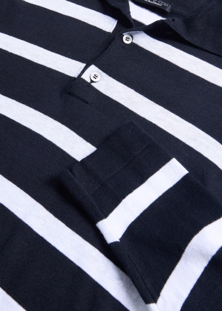 Stripe Linen & Cotton Long Sleeve Polo - Black/White - XL (44) - Polo