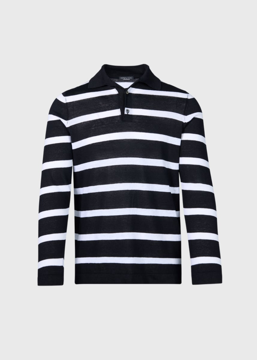 Stripe Linen & Cotton Long Sleeve Polo - Black/White - XL (44) - Polo