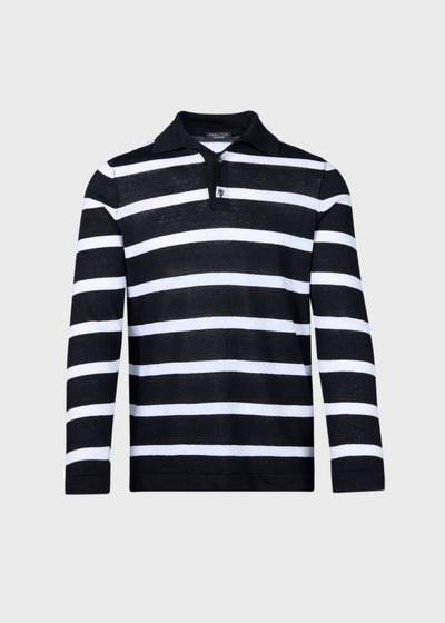 Stripe Linen & Cotton Long Sleeve Polo - Black/White - XL (44) - Polo