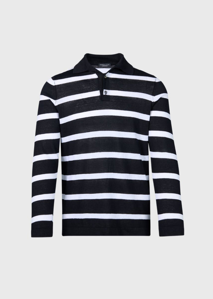 Stripe Linen & Cotton Long Sleeve Polo - Black/White - XL (44) - Polo
