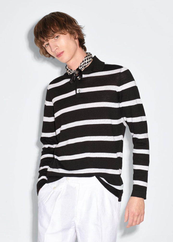 Stripe Linen & Cotton Long Sleeve Polo - Black/White - XL (44) - Polo